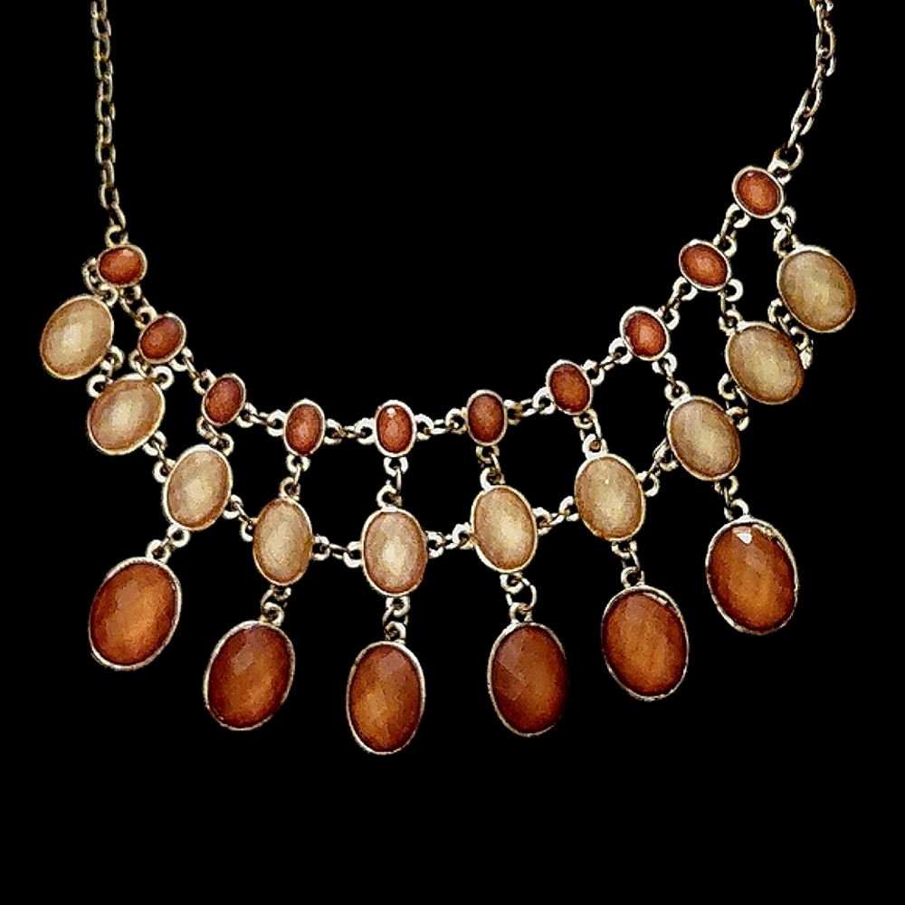Silver Bib Necklace with Cream and Orange Gems